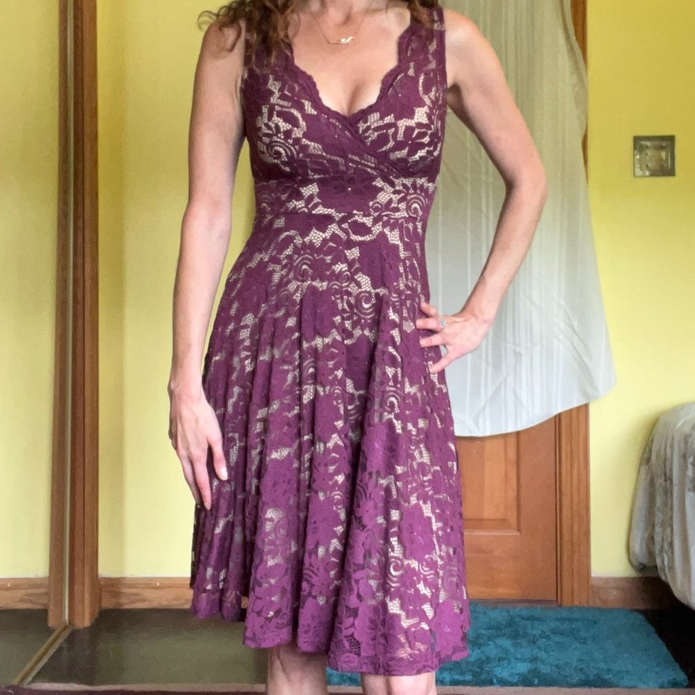 Burgundy Lace Dress with Tan Underlay